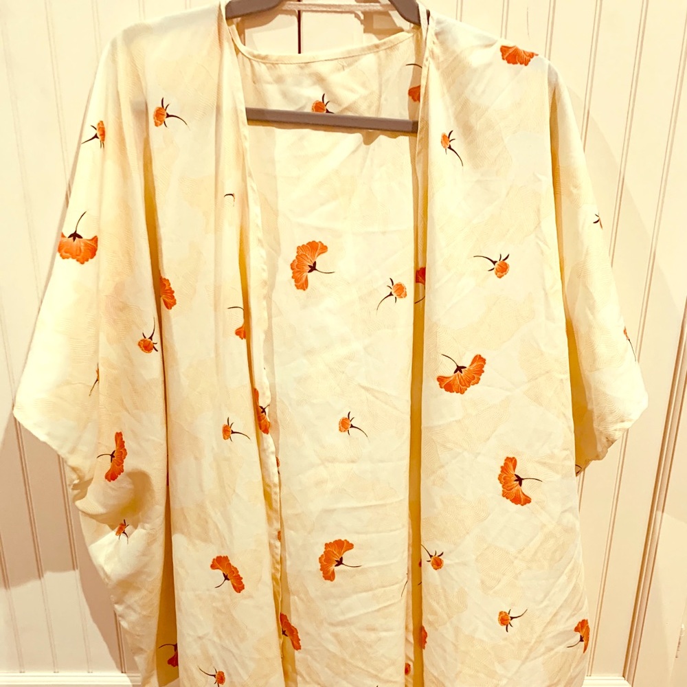 UO Cream Kimono with Orange Flowers